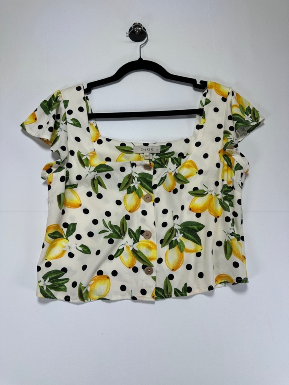 Oasis Lemon Print Crop Top Polka Dot Button Front Blouse Summer UK 10 US 6